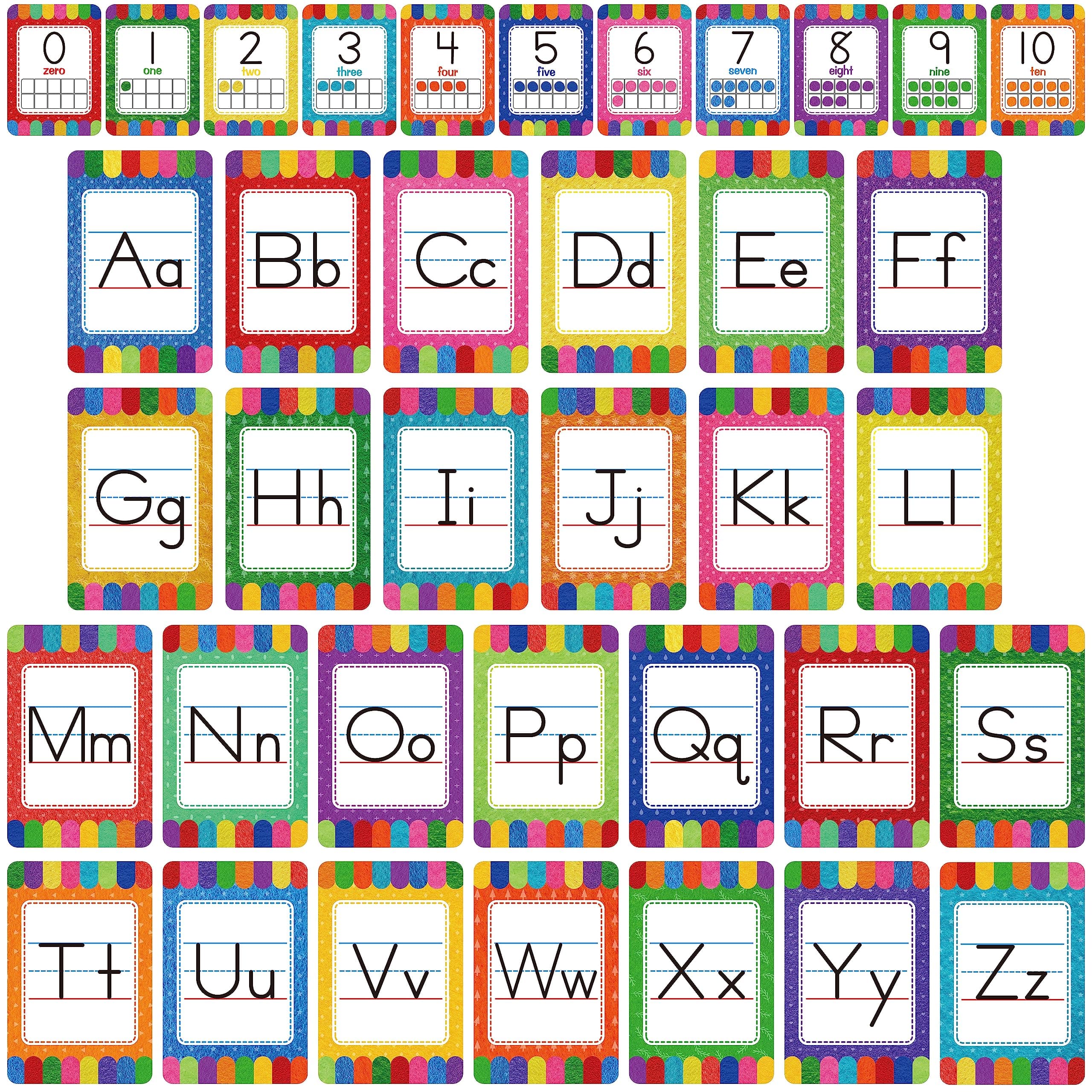 Alphabet Bulletin Board Set, 37 PCS ABC Wall Decorations 26 Upper/Lower Case Letters plus 0-10 Numbers Small Posters for Preschool, Kindergarten Classroom Playroom Bedroom Decorations for Students