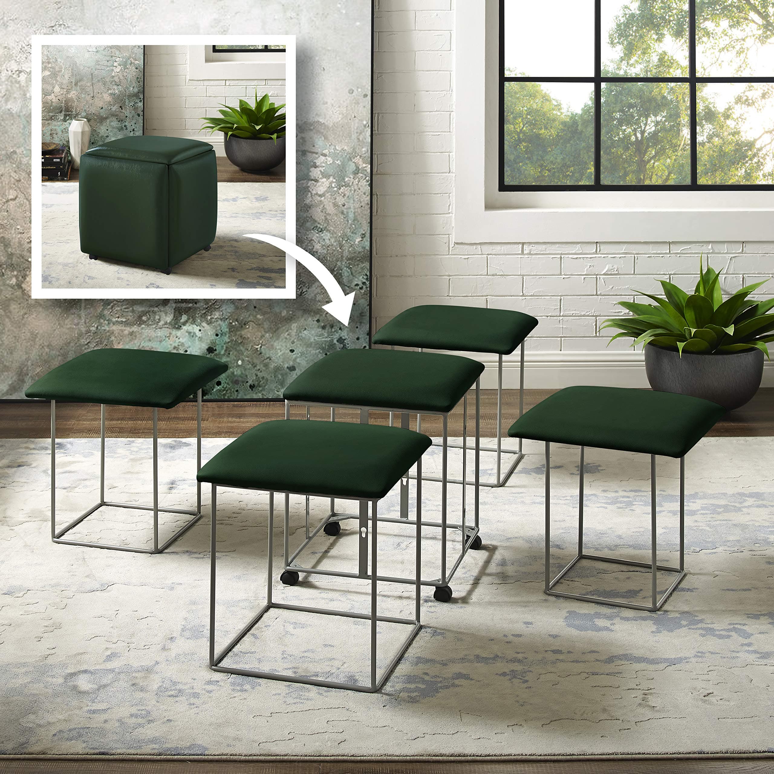 Loft Lyfe Brisa Convertible Ottoman - 5 in 1 Nesting Seats | Cube Design | PU Leather | Caster Wheel Legs | Green